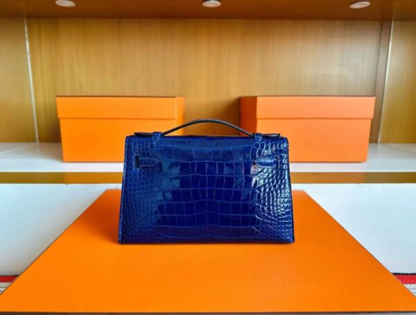 H Factory Bags Mini Kelly Pochette Shiny Alligator Crocodile Shiny Blue Silver Hardware 22cm Full Handmade