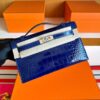 H Factory Bags Mini Kelly Pochette Shiny Alligator Crocodile Shiny Blue Silver Hardware 22cm Full Handmade