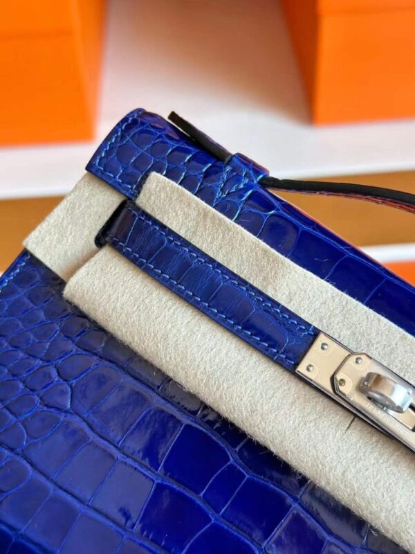 H Factory Bags Mini Kelly Pochette Shiny Alligator Crocodile Shiny Blue Silver Hardware 22cm Full Handmade