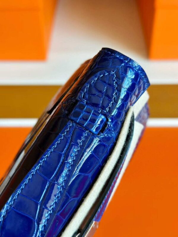 H Factory Bags Mini Kelly Pochette Shiny Alligator Crocodile Shiny Blue Silver Hardware 22cm Full Handmade
