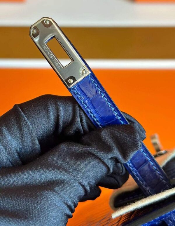 H Factory Bags Mini Kelly Pochette Shiny Alligator Crocodile Shiny Blue Silver Hardware 22cm Full Handmade