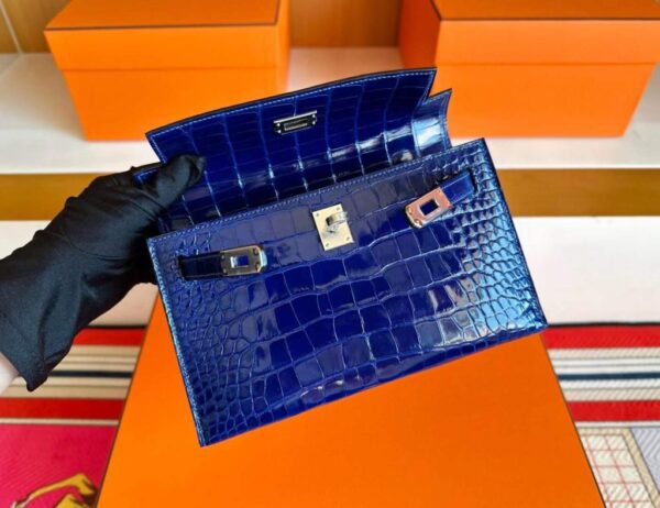 H Factory Bags Mini Kelly Pochette Shiny Alligator Crocodile Shiny Blue Silver Hardware 22cm Full Handmade