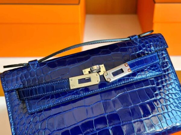 H Factory Bags Mini Kelly Pochette Shiny Alligator Crocodile Shiny Blue Silver Hardware 22cm Full Handmade