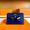 H Factory Bags Mini Kelly Pochette Shiny Alligator Crocodile Shiny Blue Silver Hardware 22cm Full Handmade