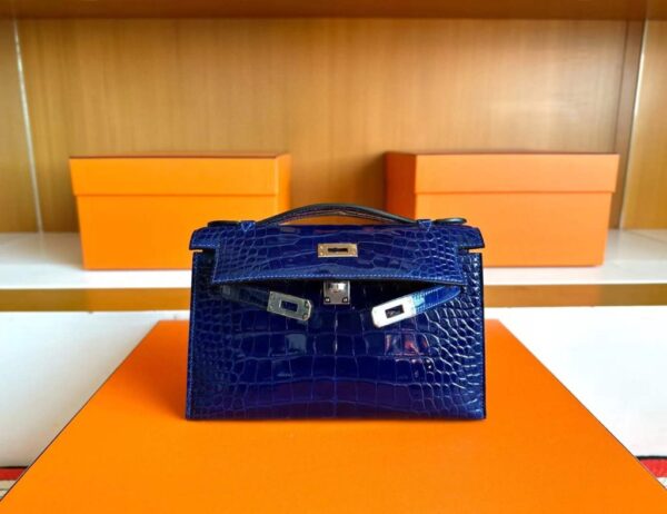 H Factory Bags Mini Kelly Pochette Shiny Alligator Crocodile Shiny Blue Silver Hardware 22cm Full Handmade