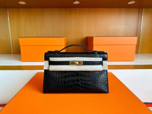 H Factory Bags Mini Kelly Pochette Matte Alligator Crocodile CK89 Black Gold Hardware 22cm Full Handmade