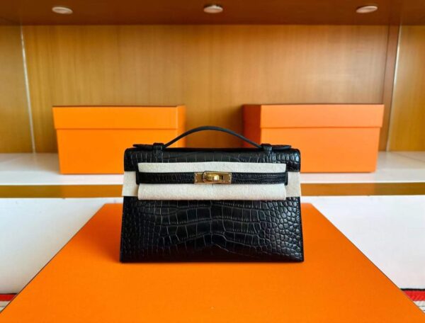 H Factory Bags Mini Kelly Pochette Matte Alligator Crocodile CK89 Black Gold Hardware 22cm Full Handmade