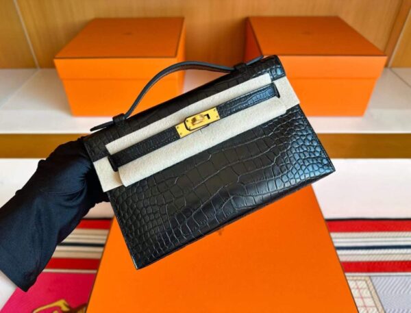 H Factory Bags Mini Kelly Pochette Matte Alligator Crocodile CK89 Black Gold Hardware 22cm Full Handmade