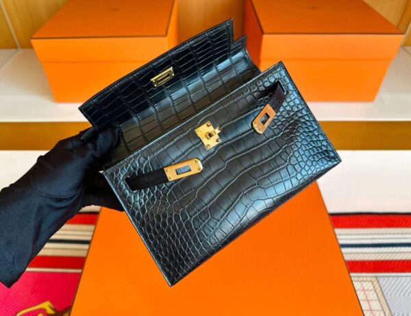 H Factory Bags Mini Kelly Pochette Matte Alligator Crocodile CK89 Black Gold Hardware 22cm Full Handmade