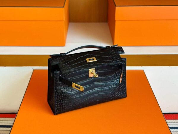 H Factory Bags Mini Kelly Pochette Matte Alligator Crocodile CK89 Black Gold Hardware 22cm Full Handmade