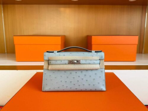 H Factory Bags Mini Kelly Pochette Ostrich Leather Ice Blue Silver Hardware 22cm Full Handmade