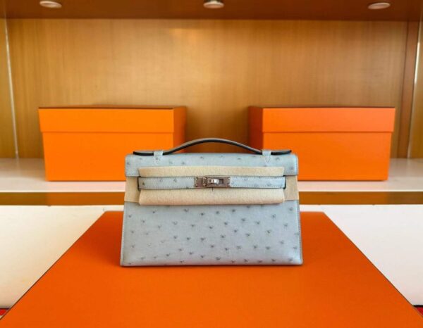 H Factory Bags Mini Kelly Pochette Ostrich Leather Ice Blue Silver Hardware 22cm Full Handmade