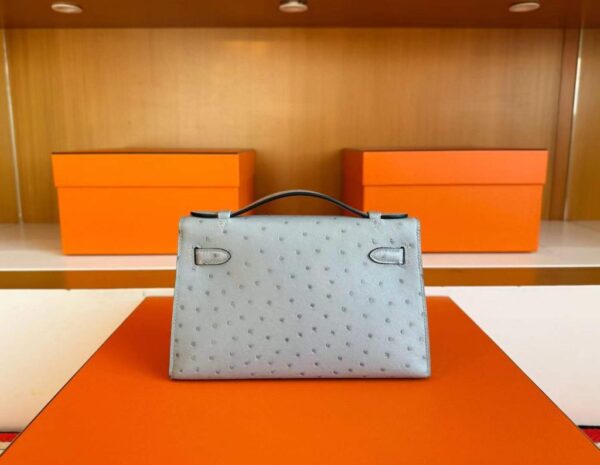 H Factory Bags Mini Kelly Pochette Ostrich Leather Ice Blue Silver Hardware 22cm Full Handmade