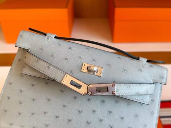 H Factory Bags Mini Kelly Pochette Ostrich Leather Ice Blue Silver Hardware 22cm Full Handmade