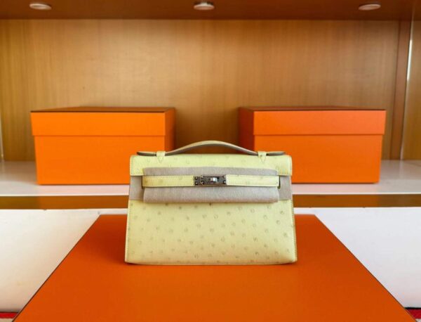 H Factory Bags Mini Kelly Pochette Ostrich Leather Lemon Yellow Silver Hardware 22cm Full Handmade