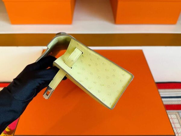 H Factory Bags Mini Kelly Pochette Ostrich Leather Lemon Yellow Silver Hardware 22cm Full Handmade