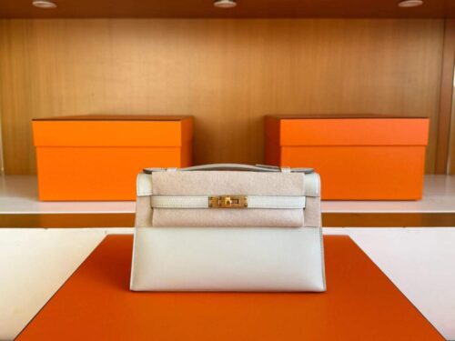 H Factory Bags Mini Kelly Pochette Swift Leather Cream Grey Gold Hardware 22cm Full Handmade
