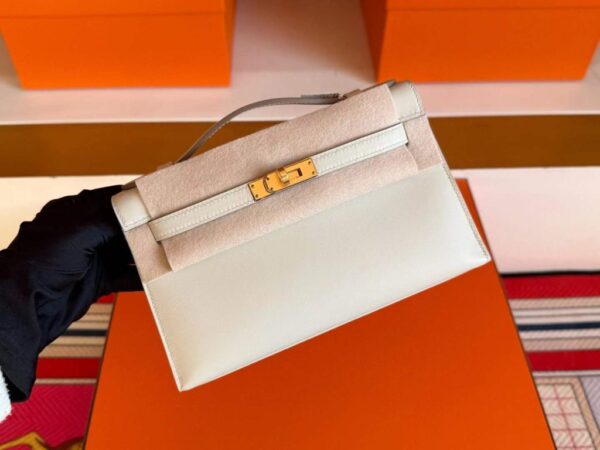 H Factory Bags Mini Kelly Pochette Swift Leather Cream Grey Gold Hardware 22cm Full Handmade