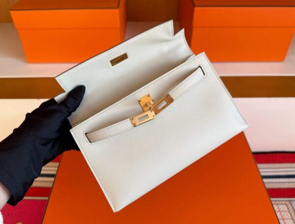 H Factory Bags Mini Kelly Pochette Swift Leather Cream Grey Gold Hardware 22cm Full Handmade