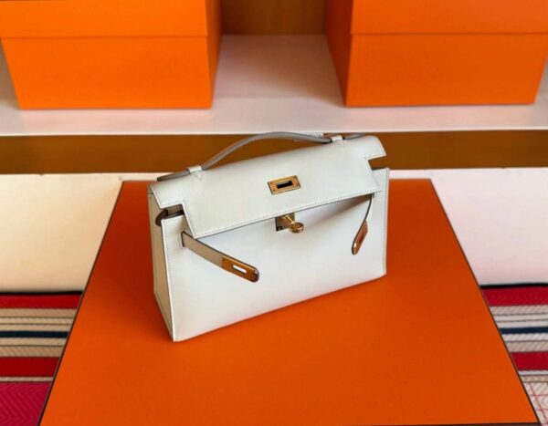 H Factory Bags Mini Kelly Pochette Swift Leather Cream Grey Gold Hardware 22cm Full Handmade