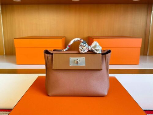 H Factory Bags Mini Kelly 2424 Evercolor Leather Gold Brown Silver Hardware 21cm Full Handmade