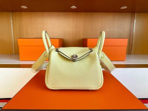 H Factory Bags Mini Lindy TC Leather Light Yellow Silver Hardware 19cm Full Handmade