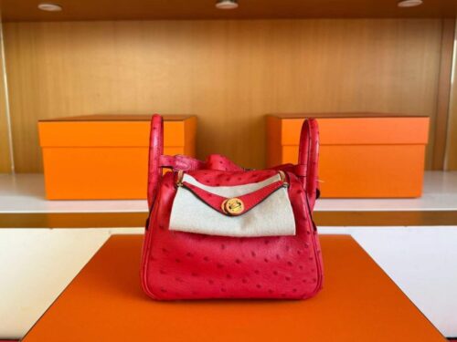 H Factory Bags Mini Lindy Ostrich Leather Bright Red Gold Hardware 19cm Full Handmade