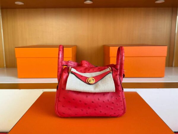 H Factory Bags Mini Lindy Ostrich Leather Bright Red Gold Hardware 19cm Full Handmade