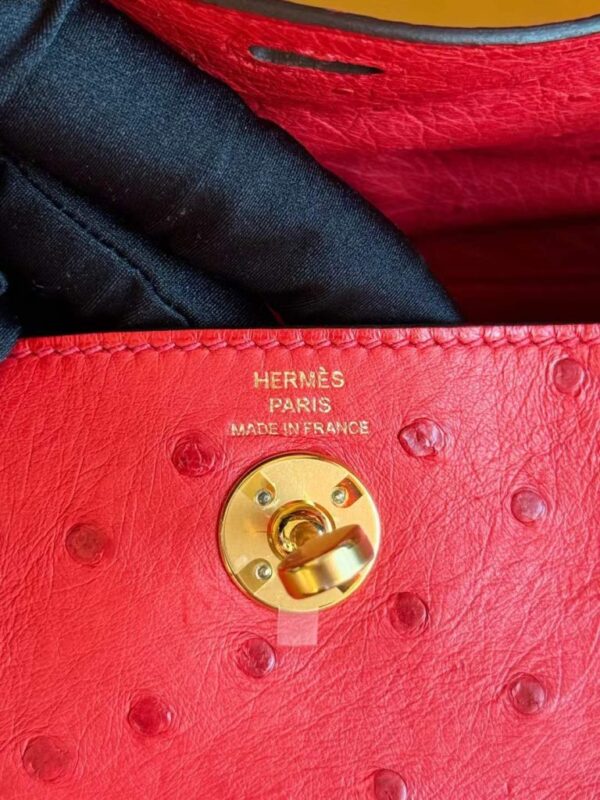 H Factory Bags Mini Lindy Ostrich Leather Bright Red Gold Hardware 19cm Full Handmade