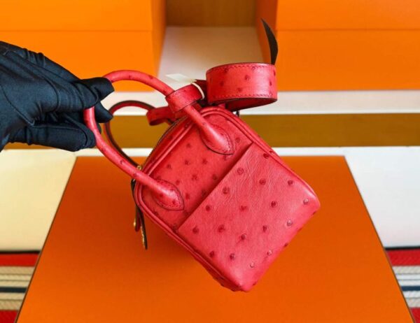 H Factory Bags Mini Lindy Ostrich Leather Bright Red Gold Hardware 19cm Full Handmade