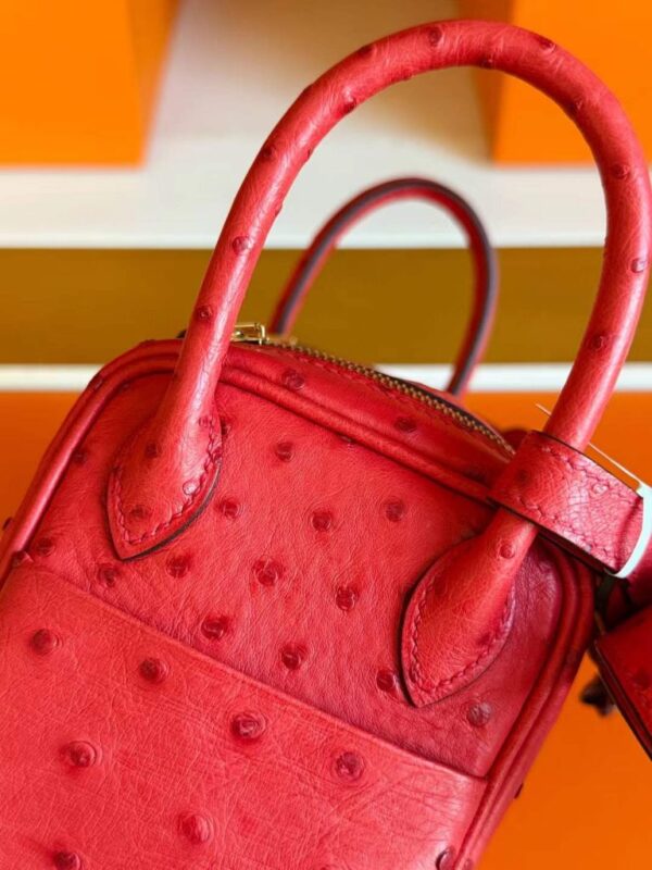 H Factory Bags Mini Lindy Ostrich Leather Bright Red Gold Hardware 19cm Full Handmade