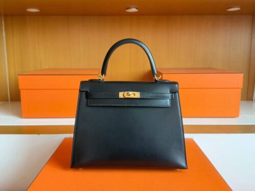 H Factory Bags Kelly Shiny box Leather CK89 Black Gold Hardware 25cm Full Handmade