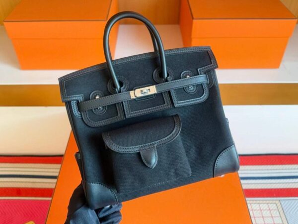 H Factory Bags Birkin Cargo Swift Leather & Canvas CK89 Black Silver Hardware 25cm Full Handmade