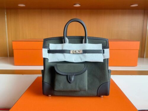 H Factory Bags Birkin Cargo Swift Leather & Canvas Ebony & Bronze Color Silver Hardware 25cm Full Handmade