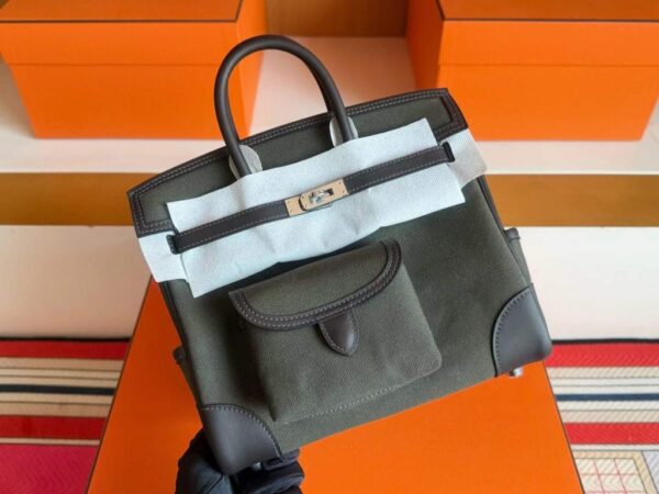 H Factory Bags Birkin Cargo Swift Leather & Canvas Ebony & Bronze Color Silver Hardware 25cm Full Handmade