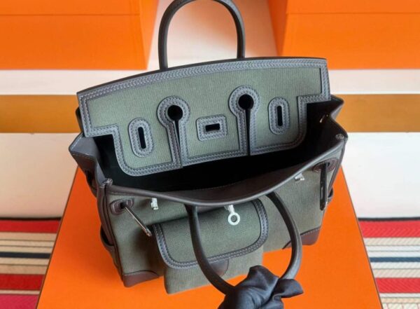 H Factory Bags Birkin Cargo Swift Leather & Canvas Ebony & Bronze Color Silver Hardware 25cm Full Handmade
