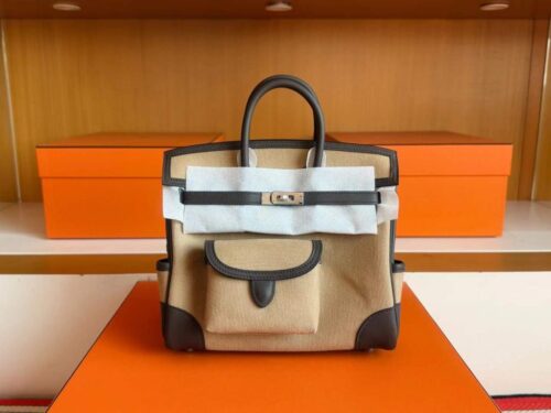 H Factory Bags Birkin Cargo Swift Leather & Canvas CK19 Deep Grey & 4C Khaki Silver Hardware 25cm Full Handmade