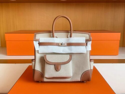 H Factory Bags Birkin Cargo Swift Leather & Canvas Golden Brown & White Silver Hardware 25cm Full Handmade