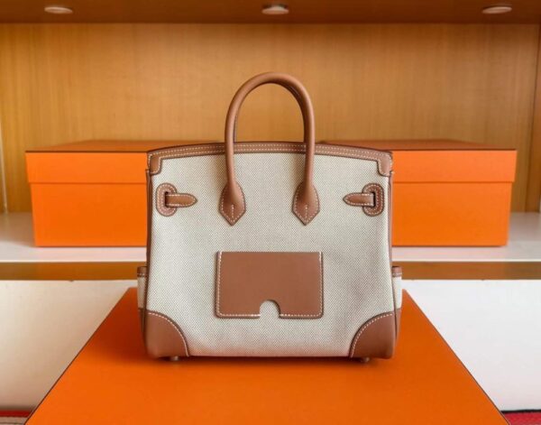 H Factory Bags Birkin Cargo Swift Leather & Canvas Golden Brown & White Silver Hardware 25cm Full Handmade
