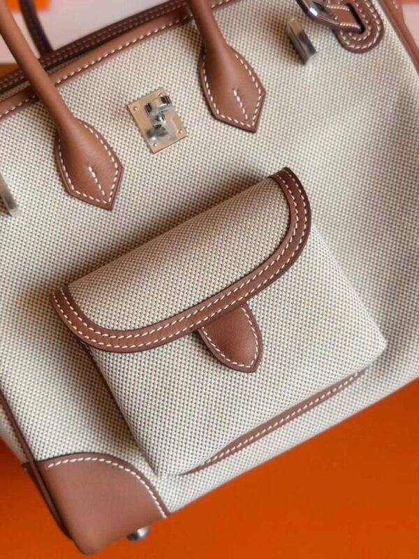 H Factory Bags Birkin Cargo Swift Leather & Canvas Golden Brown & White Silver Hardware 25cm Full Handmade