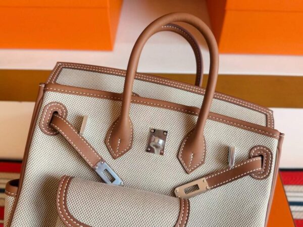 H Factory Bags Birkin Cargo Swift Leather & Canvas Golden Brown & White Silver Hardware 25cm Full Handmade