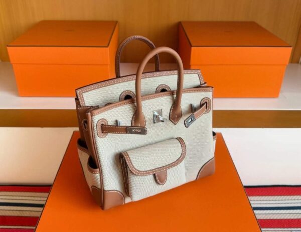 H Factory Bags Birkin Cargo Swift Leather & Canvas Golden Brown & White Silver Hardware 25cm Full Handmade