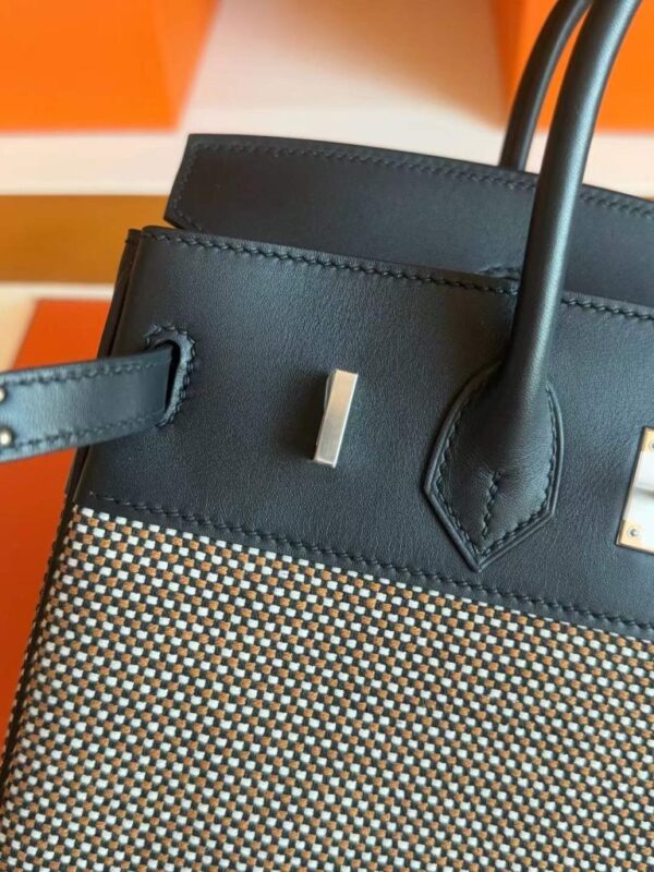H Factory Bags Birkin toile Swift Leather & Grid Canvas Black Silver Hardware 25cm Full Handmade