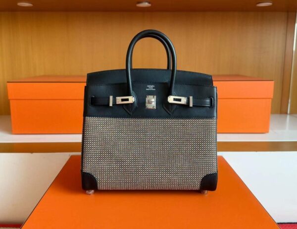 H Factory Bags Birkin toile Swift Leather & Grid Canvas Black Silver Hardware 25cm Full Handmade