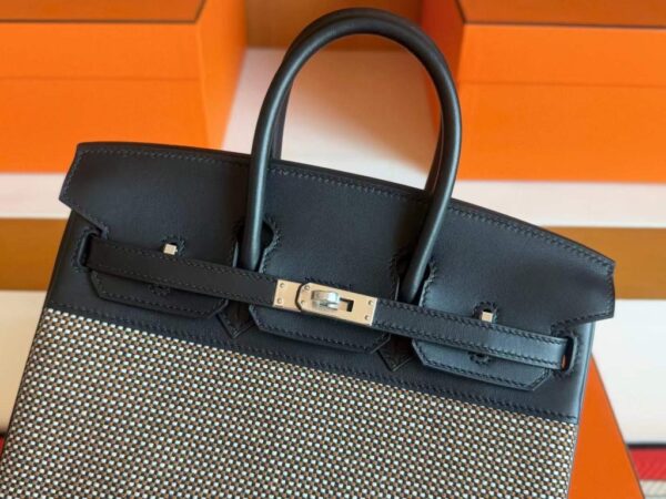 H Factory Bags Birkin toile Swift Leather & Grid Canvas Black Silver Hardware 25cm Full Handmade