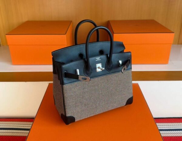 H Factory Bags Birkin toile Swift Leather & Grid Canvas Black Silver Hardware 25cm Full Handmade