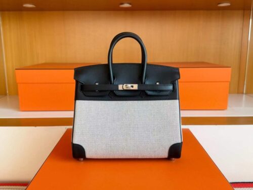 H Factory Bags Birkin toile Swift Leather & Grid Canvas Black & White Silver Hardware 25cm Full Handmade