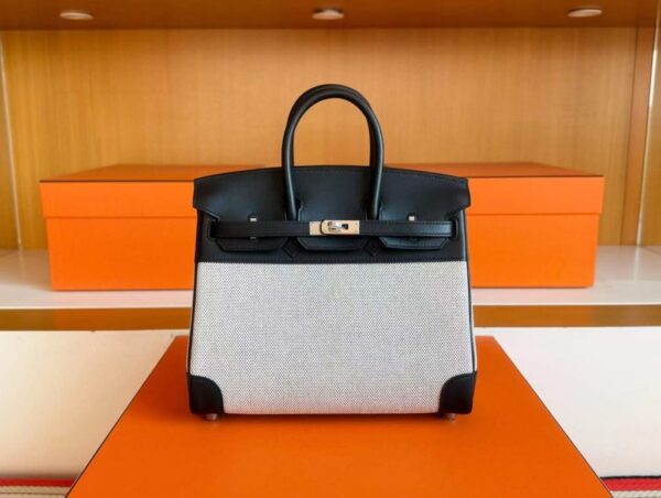 H Factory Bags Birkin toile Swift Leather & Grid Canvas Black & White Silver Hardware 25cm Full Handmade