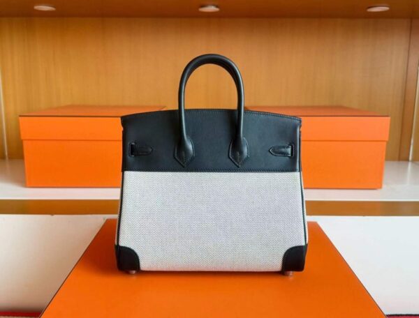 H Factory Bags Birkin toile Swift Leather & Grid Canvas Black & White Silver Hardware 25cm Full Handmade
