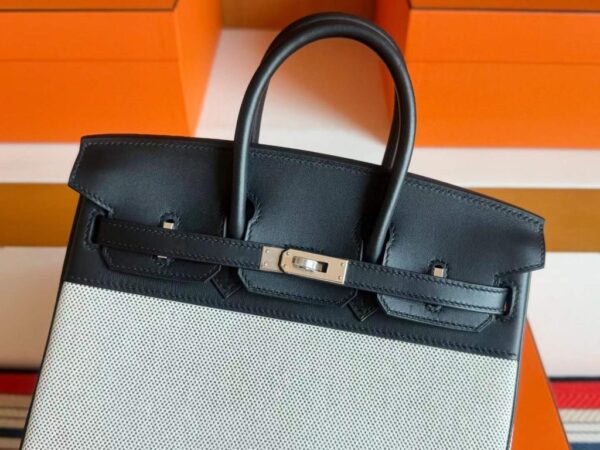 H Factory Bags Birkin toile Swift Leather & Grid Canvas Black & White Silver Hardware 25cm Full Handmade